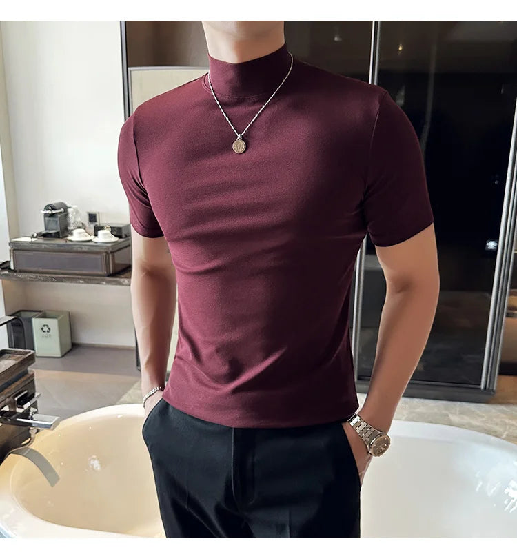 Spring Summer Men's Half High Neck Short Sleeve T-shirt Korean Slim Fit Solid Color Bottom Shirt Casual Cotton Elastic T-shirts