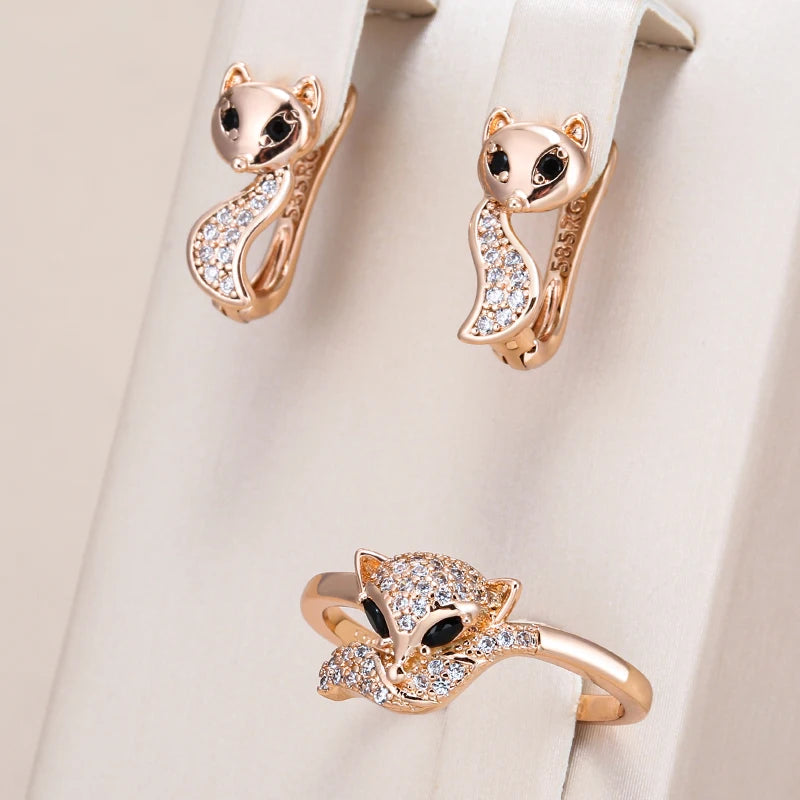 Kinel Hot Cute Fox Earrings Ring Sets for Women Fashion 585 Rose Gold Color Natural Zircon Accessories Animal Child Jewelry Sets