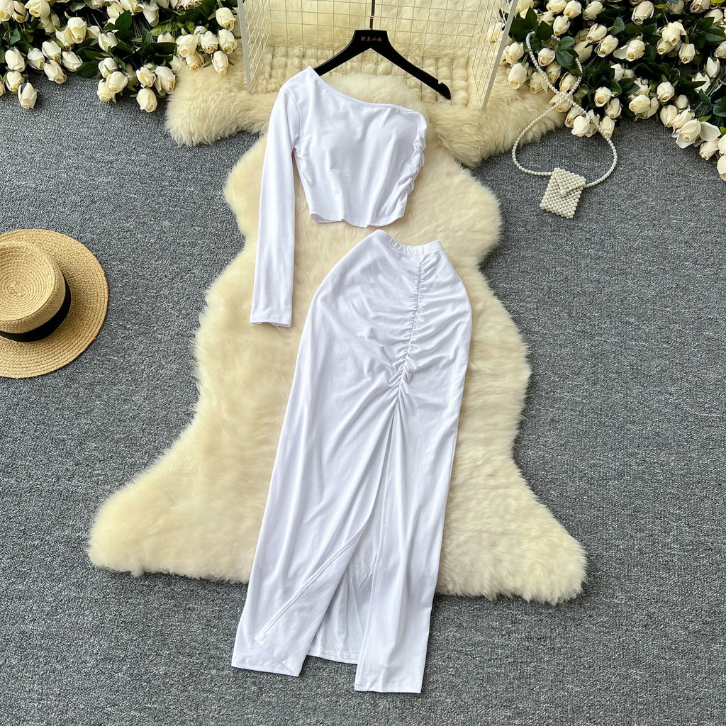 Chic Two-piece Sets One Shoulder Long Sleeve Diagonal Collar Blouse Basics High Waist Split Skirt High Street Vintage Clothing