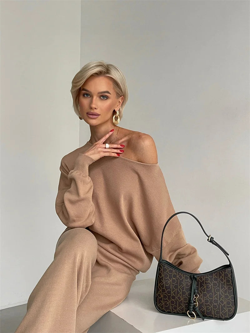 Elegant Winter Knit Pants Set Woman Sexy Loungewear 2 Piece Sweater Matching Sets Women Casual Knitted Two Piece Sets Women 2024