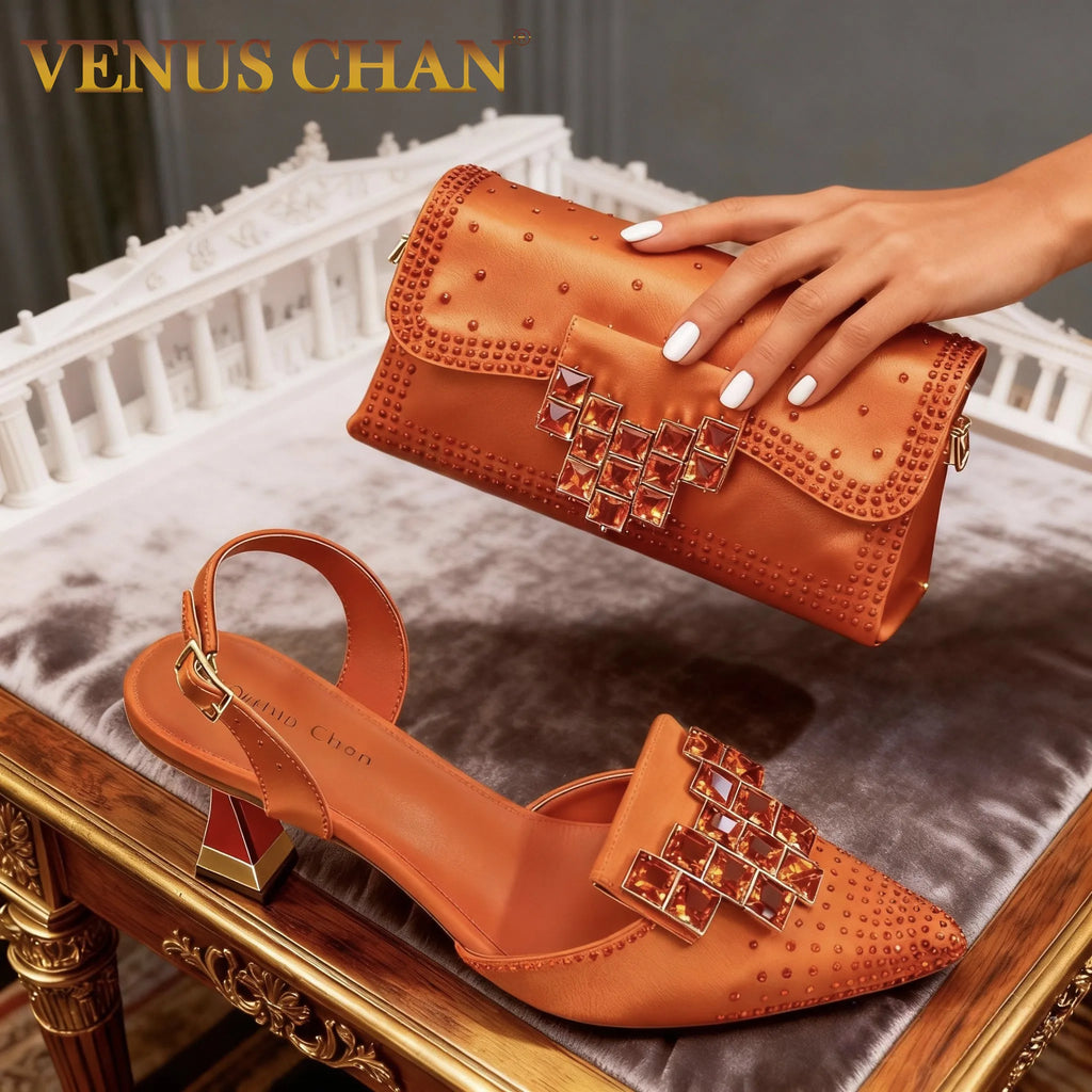 Stylish Orange Rhinestone High Heel Shoes & Matching Handbag - Elegant Pointed-Toe Footwear for Women, Ideal for Parties