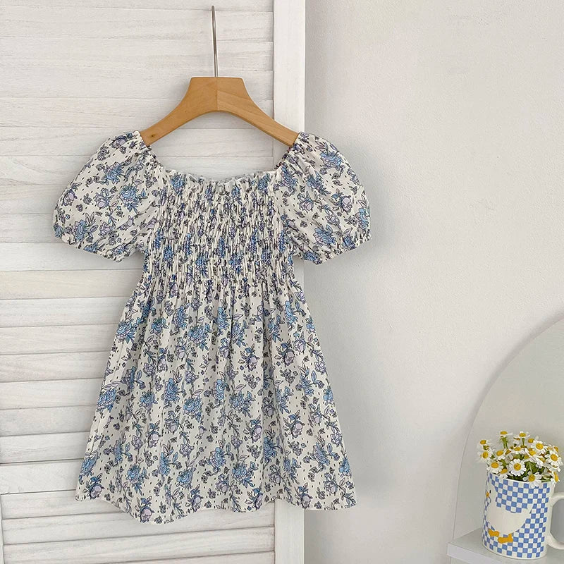Toddler Girls Floral Princess Dress Little Girl Cotton Short Sleeve Blue Flowers Party Dress Summer Casual Dresses Kids Clothes