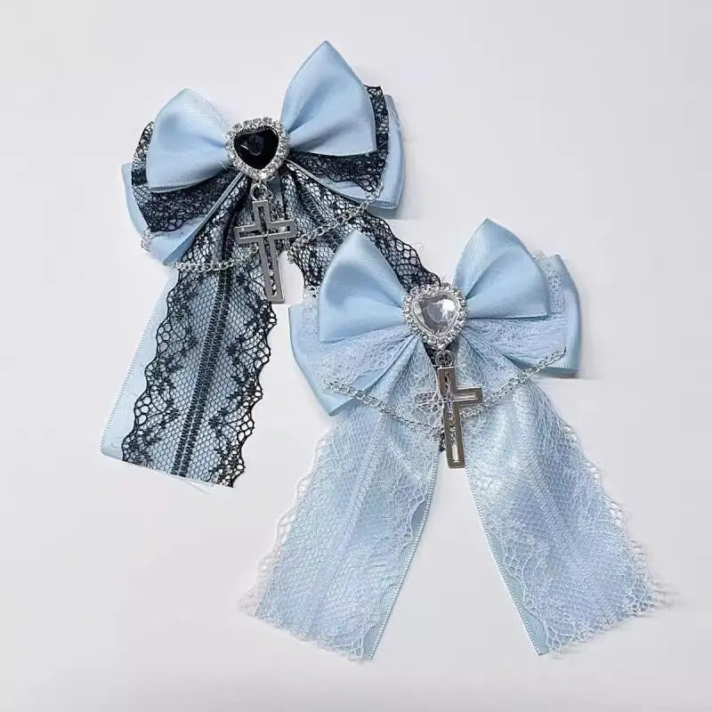 Pinzas de lazo bonitas estilo Harajuku Y2K estético Lolita con cadenas cruzadas góticas negras, azules, blancas y dulces de encaje para el pelo para niñas y mujeres