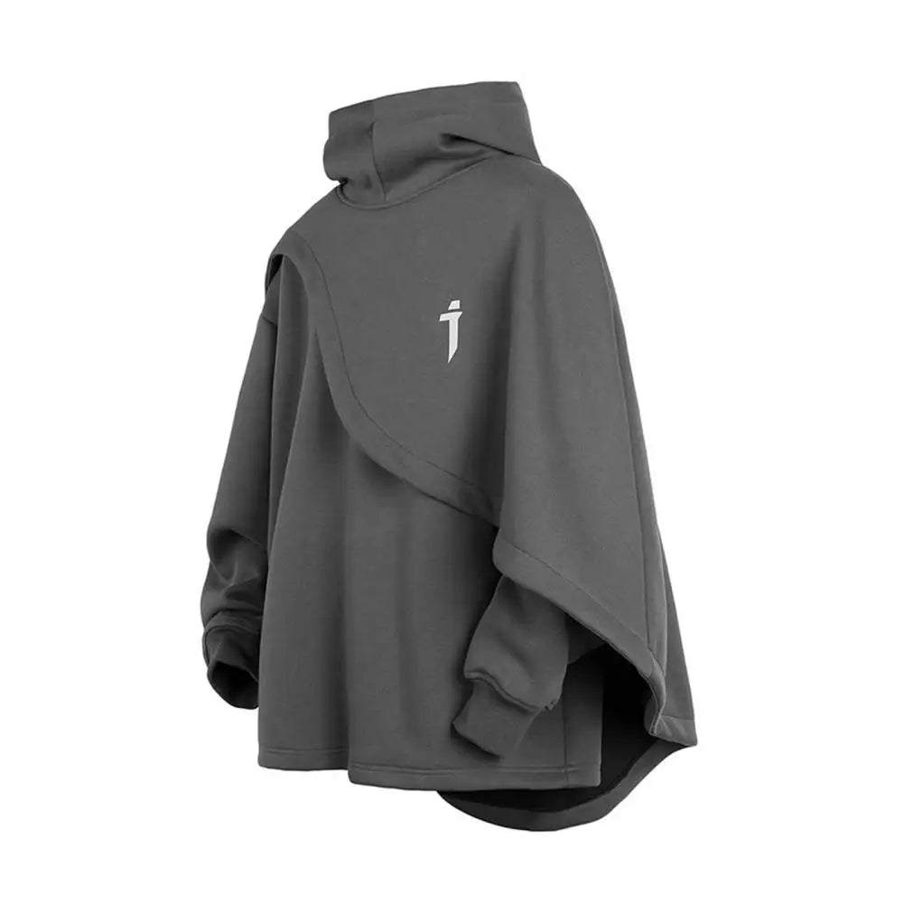 Unisex Hoodie Fake Two-piece Cape Poncho Irregular Medieval Vintage Hooded Loose Black Cloak Coats Gothic Mens Halloween Cosplay