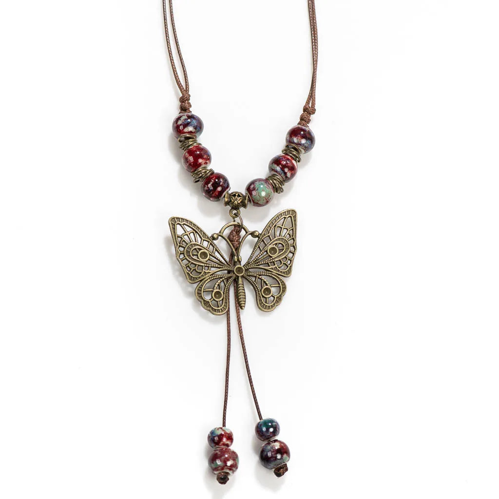 Bohemian Vintage Butterfly Necklace, Ceramic Beads, Adjustable Pendant, DIY Gift, Drop Shipping, XPF001