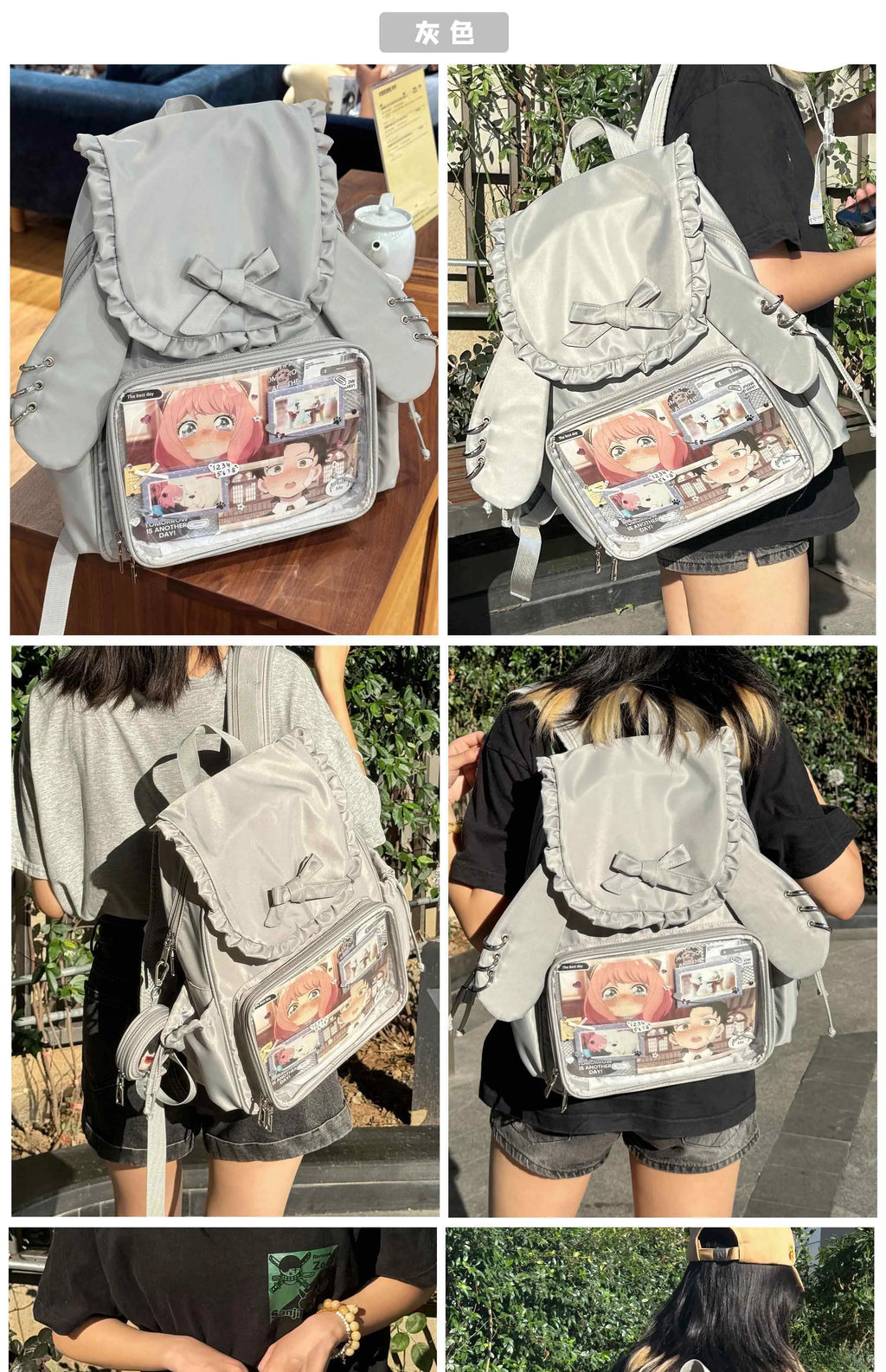 Original Two-dimensional Cute Transparent Large-capacity Backpack Women Sweet Bow Rabbit Ears Bags Preppy Style Kawaii Backpacks