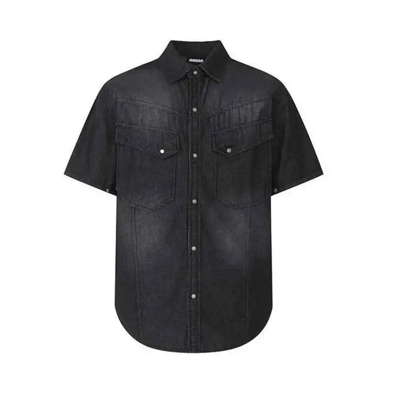 IEFB Niche Design Men's Denim Shirts Turn-down Collar Single Breasted Washing Solid Color Short Sleeved Loose Male Tops 9W2513
