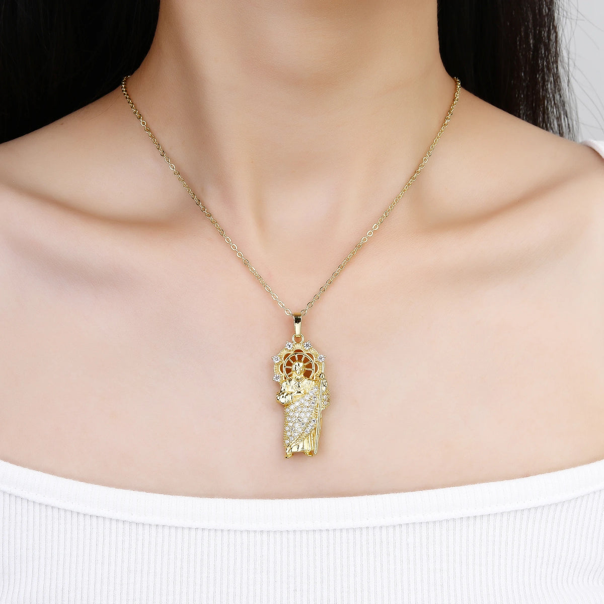 Gold Plated Virgin Mary St. Jude Angel Pendant Necklace For Women Religious Crystal Zircon Necklaces Christian Jewelry Gift