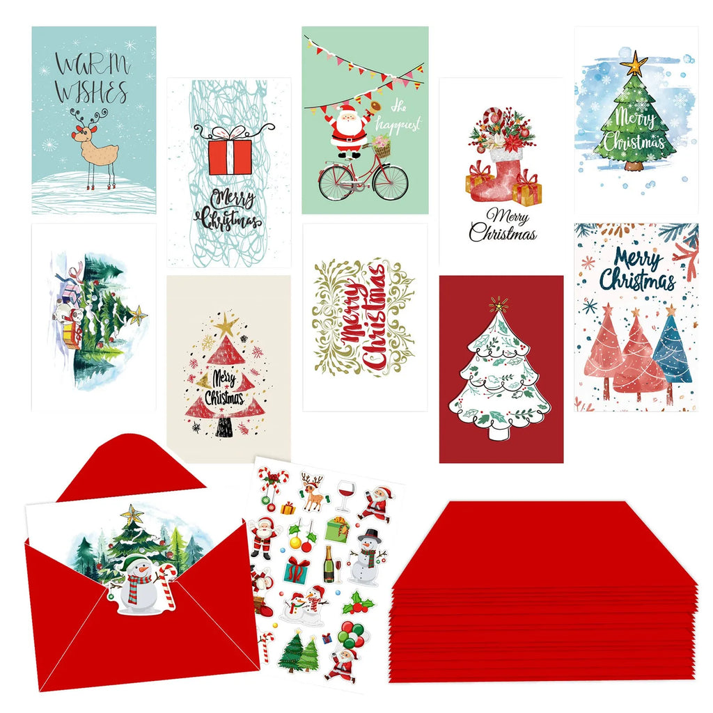 10pcs/1set Merry Christmas Fold Greeting Cards With Envelopes Navidad New Year Postcard Diy Gift Card Xmas Party Decoration