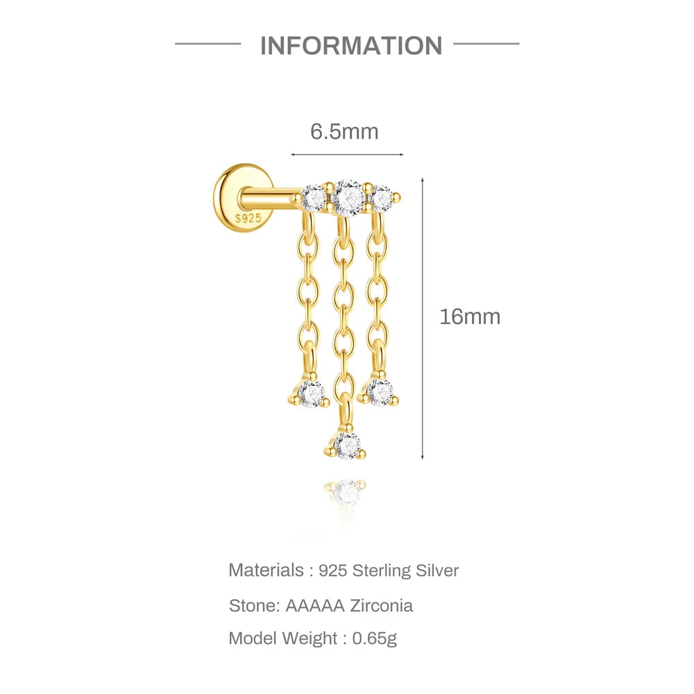 CANNER 1PC Tassel Chain Star Moon 925 Sterling Silver Flat Head Piercing Earring For Woman Ins 14K Gold Plated Dainty Jewelry