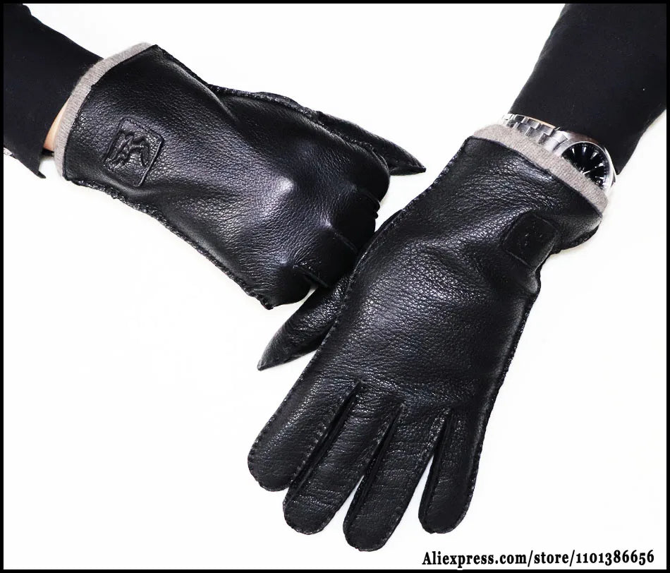Men's and Women's High-end Buckskin Goat Leather Gloves Autumn and Winter Thin Warm Knitted Wool Lining Driving Leather Gloves