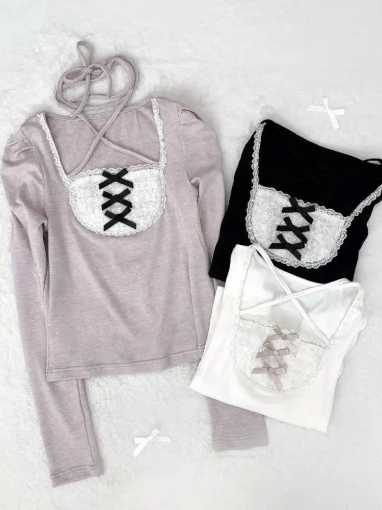 Herbst Lolita Pullover Frauen T-Shirts Subkultur Vintage Fake Two Tops Süße Kawaii Schleife Slim Fit Elegante Tees Damenbekleidung