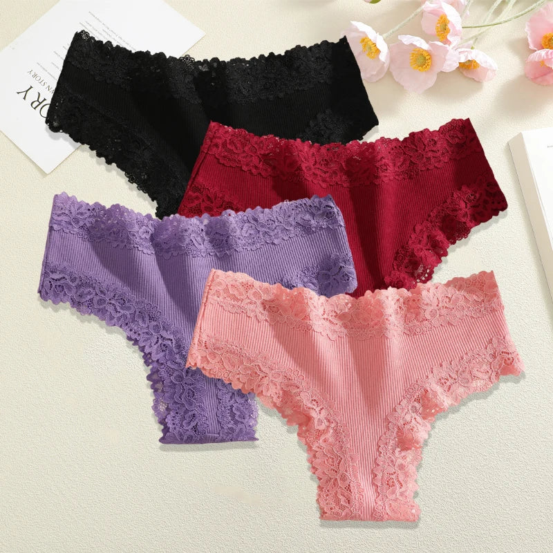 4Pc S-XL Women's Cotton Sexy Lace Brazilian Pants Seamless Low Waist Printing Breathable Underwear Ladies Lace Patchwork Panties