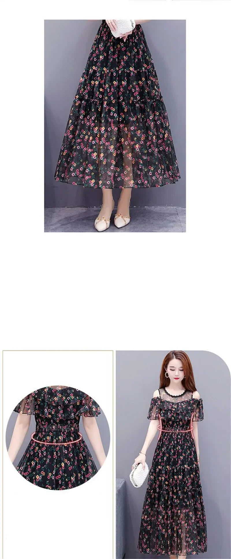 Mesh Chiffon Floral Print Dress Women 2024 New Summer Bohemian Beach Dress Long Off Shoulder Sexy Lady Party Dresses Vestidos