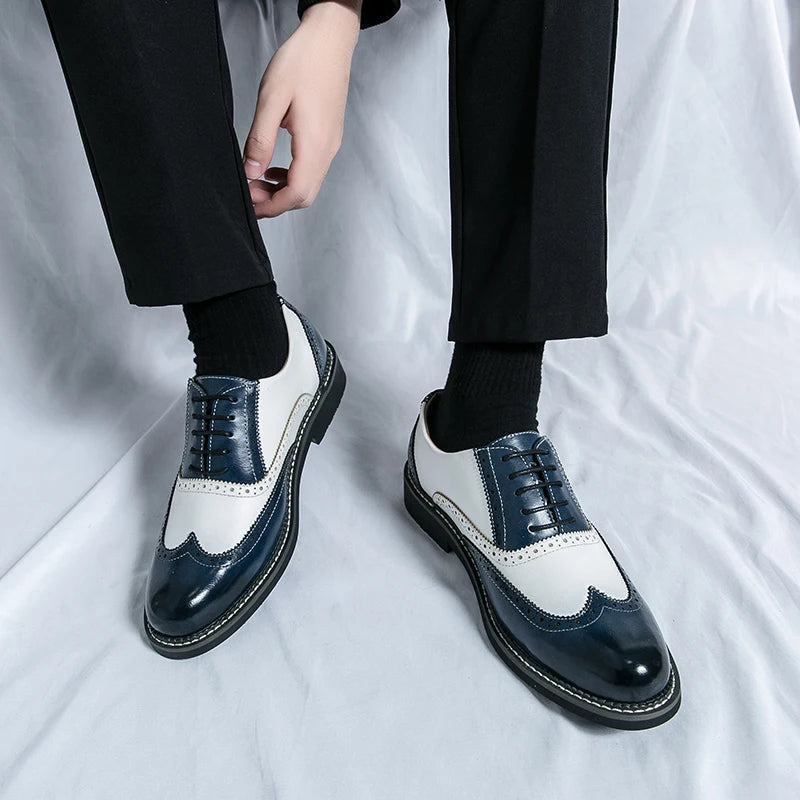 British Men's Trendy Shoes Handmade Sole Brogue Shoes Fashionable Blue Men's Leather Casual Shoes Versatile Free Delivery