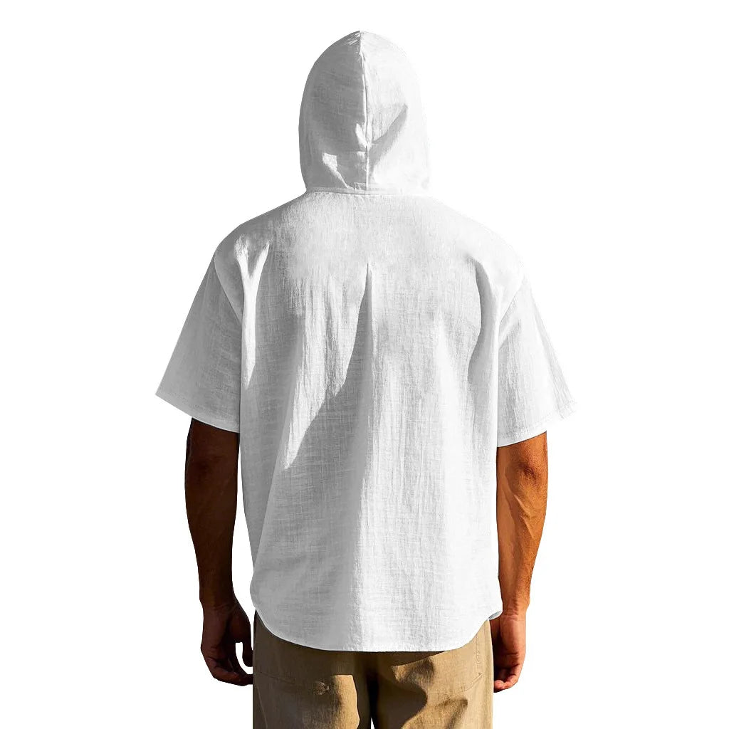 American Summer Men's Thin Breathable Linen Ami Kaji Loose Hooded Short-sleeved Shirt Men