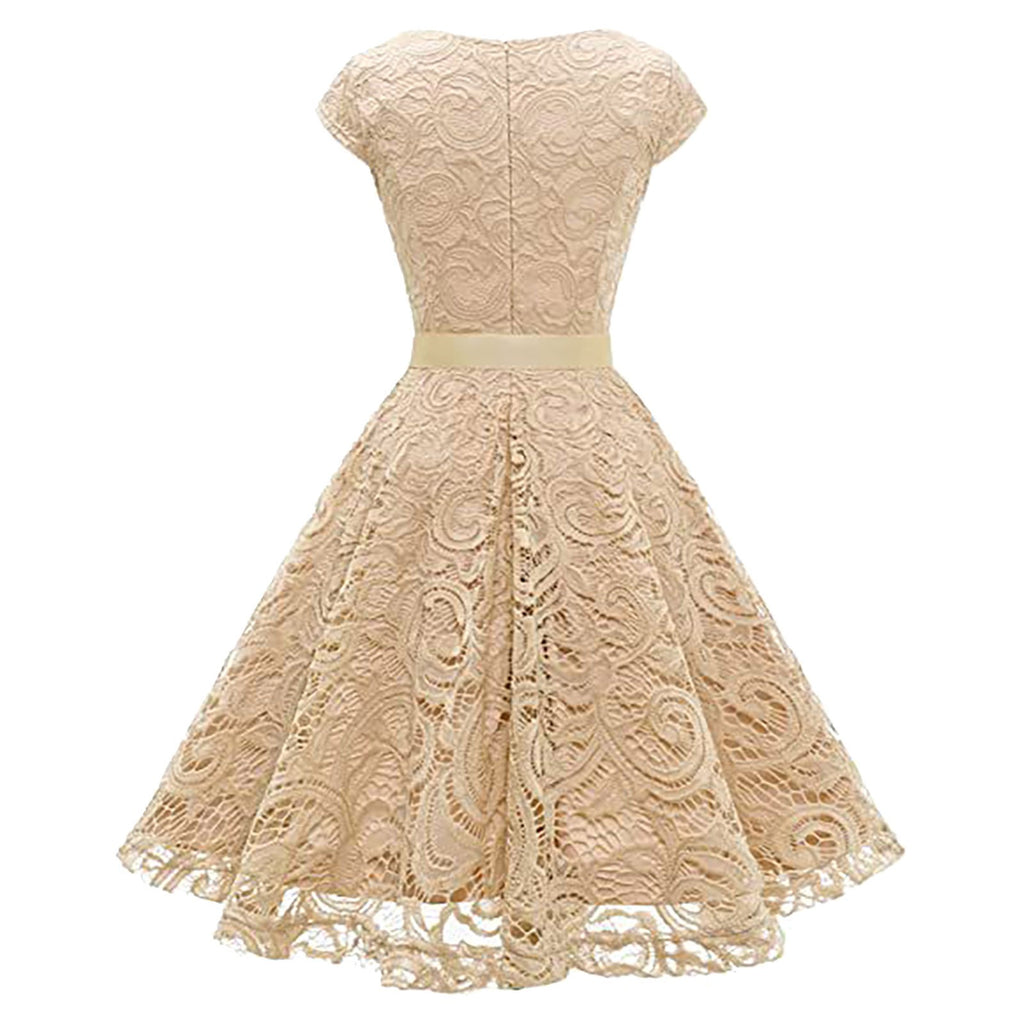 Women's Lace Party Dress Summer Short Sleeve O Neck Swing High Waist Bridesmaid Dress Bow Tie Formal Cocktail Swing A Line Dress