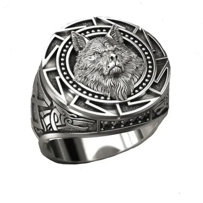 Retro Wolf Totem Nordische Mythologie Wikinger-Krieger-Wolfskopf-Herrenring Geometrisches Design Anpassbare Größen