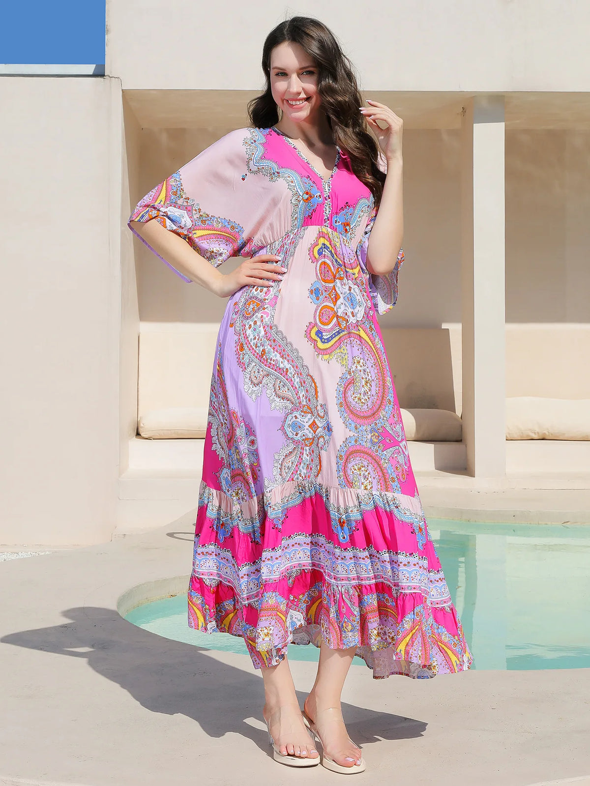 Bohemian Oversize Loose Elastic Waist Maxi Dresses Women Robe Cotton Rayon Floral Printed Long Dress Summer Boho Beach Cover up