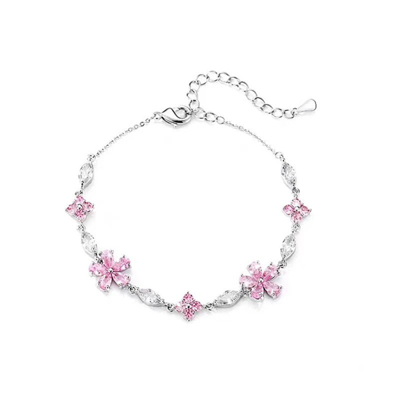 Y2K Sweet Pink Crystal Bracelet for Women Bling Zircon Elegent Blossom Flowers Bracelet Wedding Party Jewelry Gifts