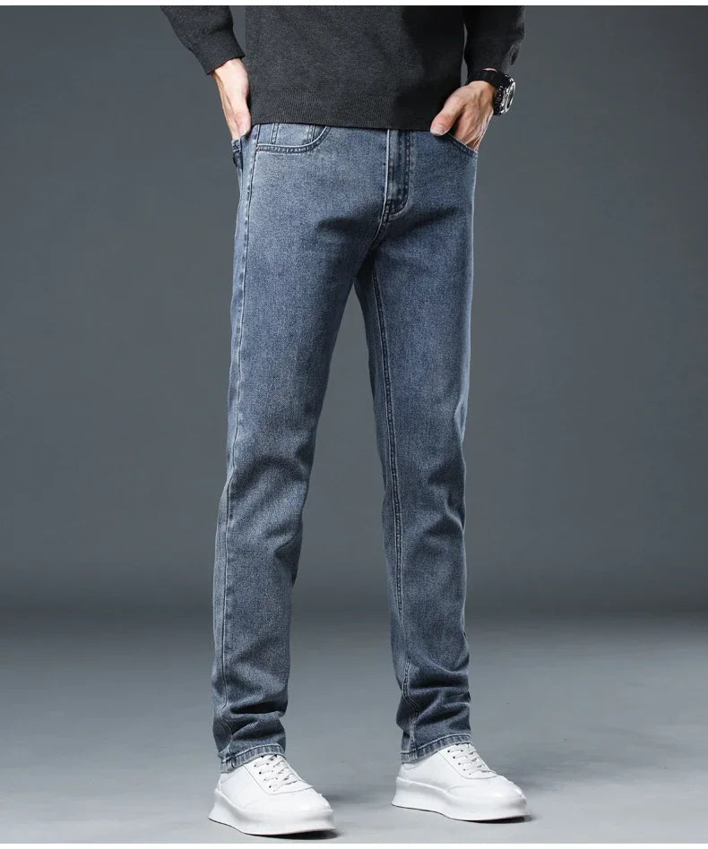 2025 New Autumn Men's Stretch Slim Jeans Straight Leg Casual Denim Trousers Male Business High Quality Classic Blue Gray Black