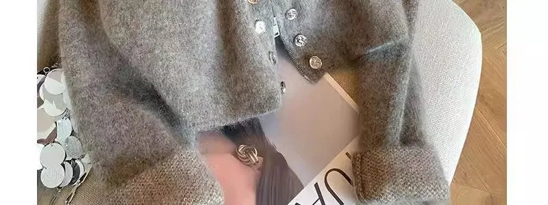 Grey Vintage Sweater Cardigans For Women Autumn New High Collar Double Breasted Knitted Coats Simple Elegant Female Knitwear Top