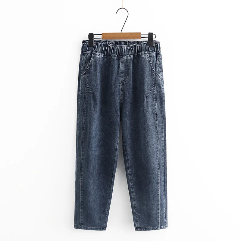 L-6XL Plus Large Size Baggy Jeans Women High Waisted Jeans Woman Mom Jeans Loose Denim Harem Pants Elastic Waist Blue