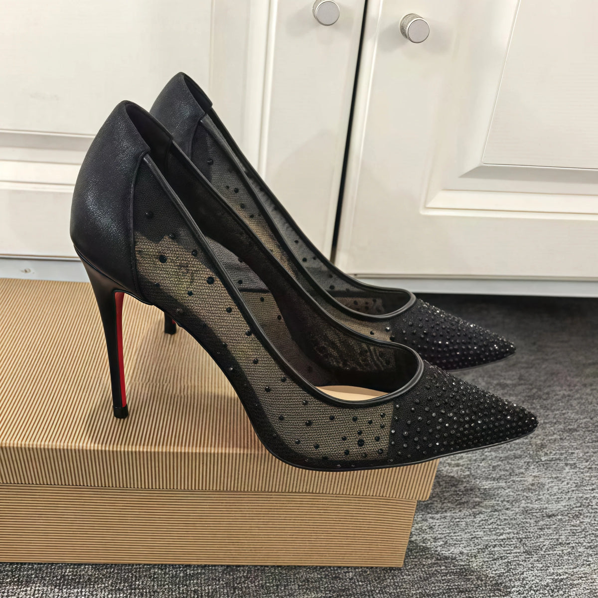 Zapatos de tacón de mujer con encaje de malla negra de lunares, punta afilada, suela roja, tacones altos de 8, 10 y 12 cm, talla 35-42