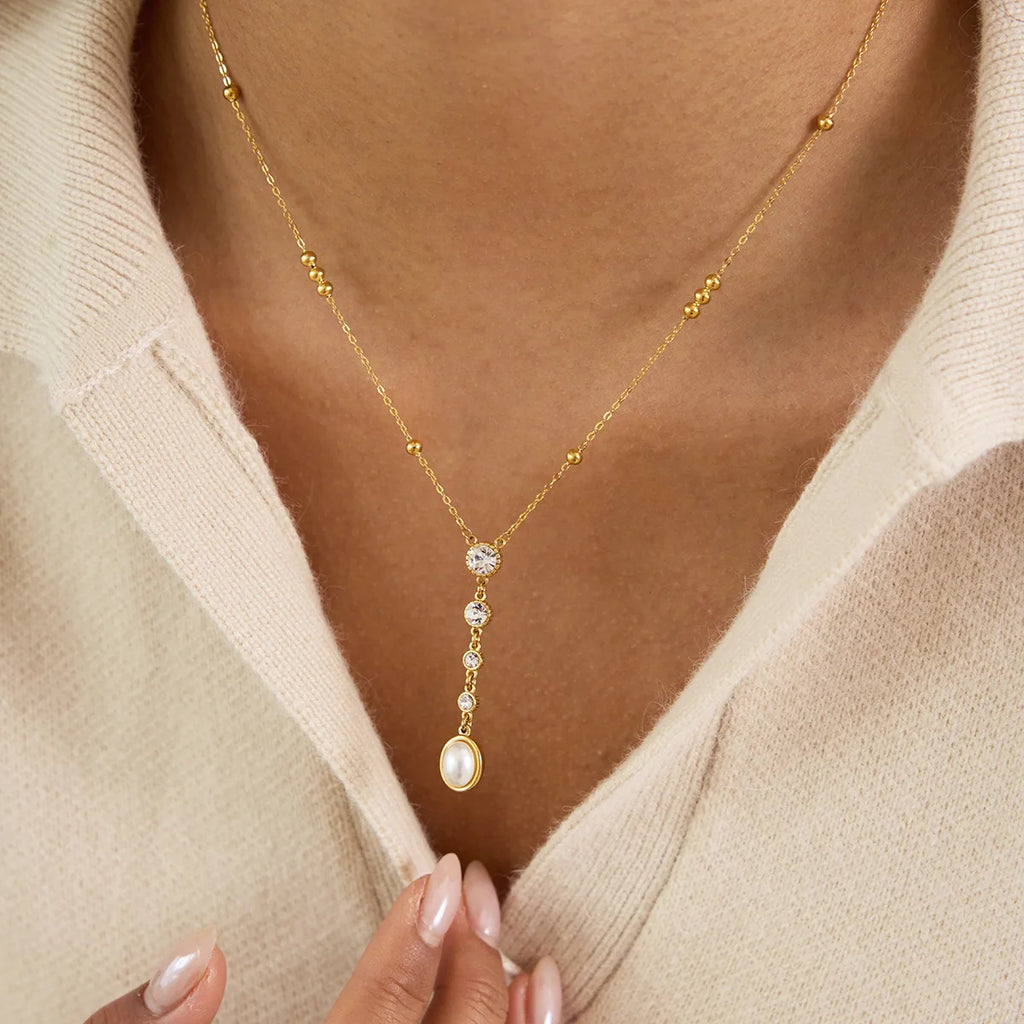 Ars 18k Gold Plated Stainless Steel Y Necklaces Pearl Tassel Necklaces Women's Multi Zircon Lariat Necklace Jewelry Gift for Her