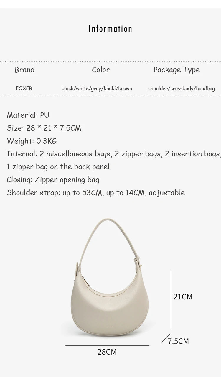 FOXER Brand PU Leather Women's Shoulder Bag Fashion Female Underarm Hobo Bag Crescent Half-moon Bag Travel Small Crossbody Bag