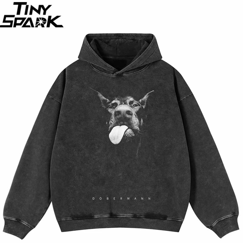 2025 Hip Hop Oversize Hoodie Sweatshirt Men Streetwear Funny Doberman Dog Animal Graphic Harajuku Washed Black Hooded Pullover