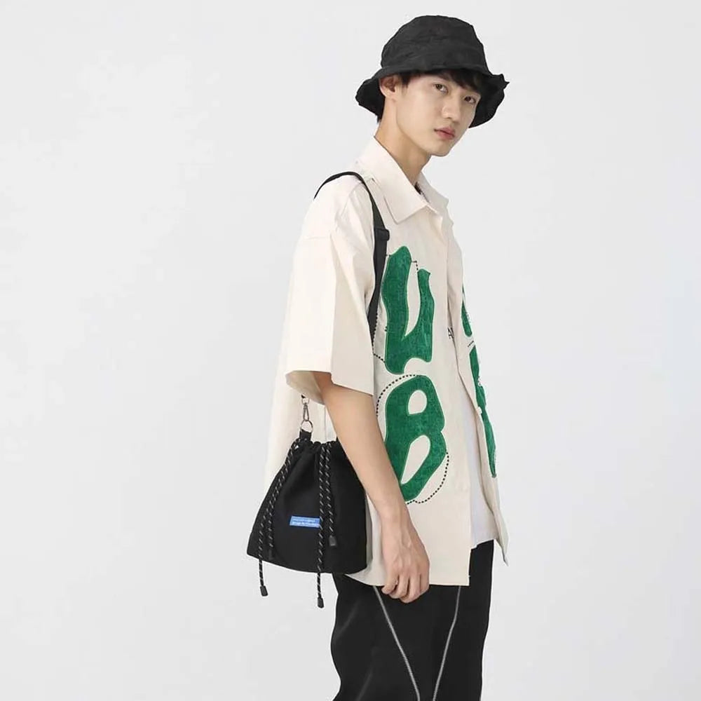 INS Nylon Drawstring Bucket Bag Casual Adjustable Korean Style Shoulder Bag Portable Black/White/Yellow Men Crossbody Bag Travel