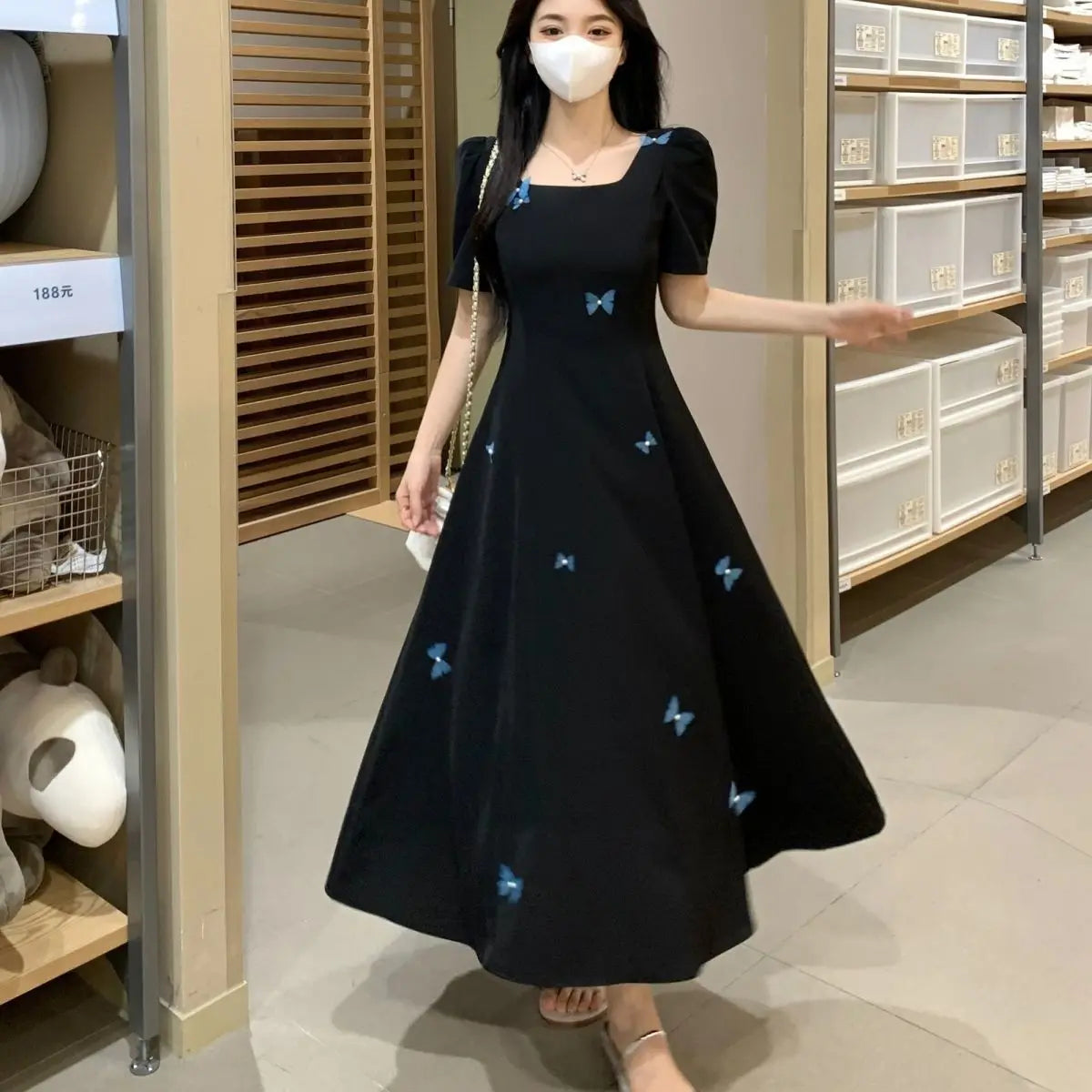 Square-neck Elegant Little Black Dress for Women New Summer French Versatile Style