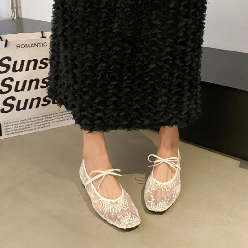 Mesh lace inner heightening women's shoes 2025 summer new sexy square head shallow breathable ballet shoes bow flat shoes