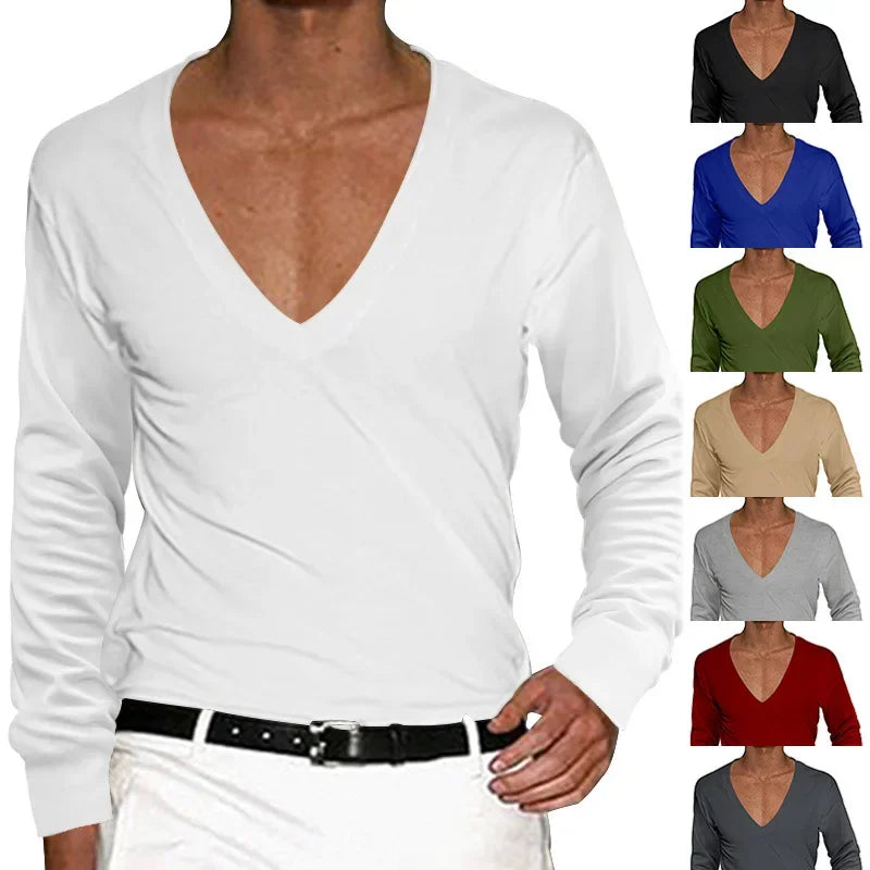 2025 Men's T-Shirt Summer Shirts Low Cut Deep V Neck Comfortable Shirt Tops Men's Long Sleeve Casual Pullover Sexy Slim Fit Tees