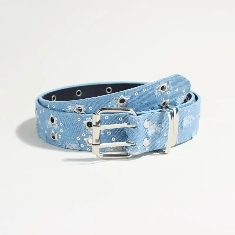 New Luxury Punk Belt Blue Denim Girdle HipHop Star Hollowed Pin Buckle Waistband For Men Women Fashion Accessories