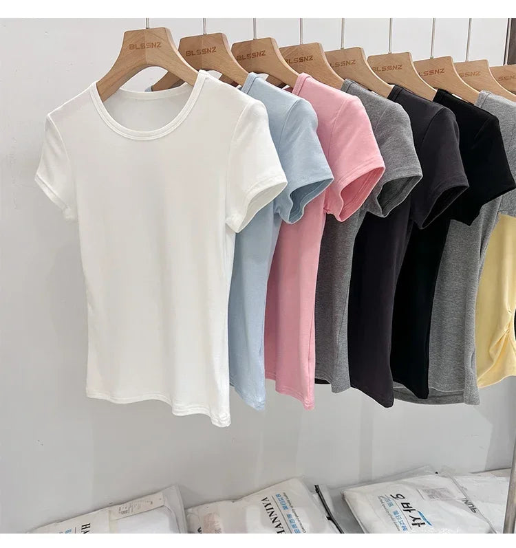 AOSSVIAO 2026 Summer White Cotton O Neck T-shirt Student Short Sleeve Versatile Tops Solid Slim Fit T Shirts Y2k Tee