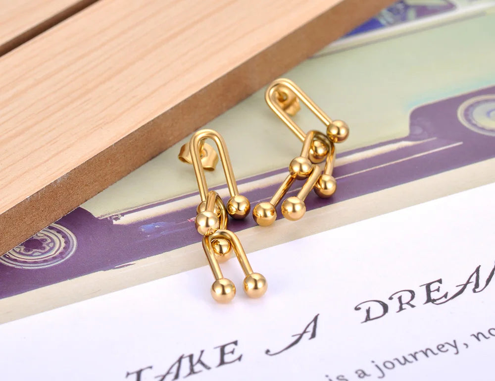 JeeMango 316L Stainless Steel Unique Zircon Horseshoe Earrings for Women Gold Plated U Shape Hoop for Wedding Jewelry Party Gift