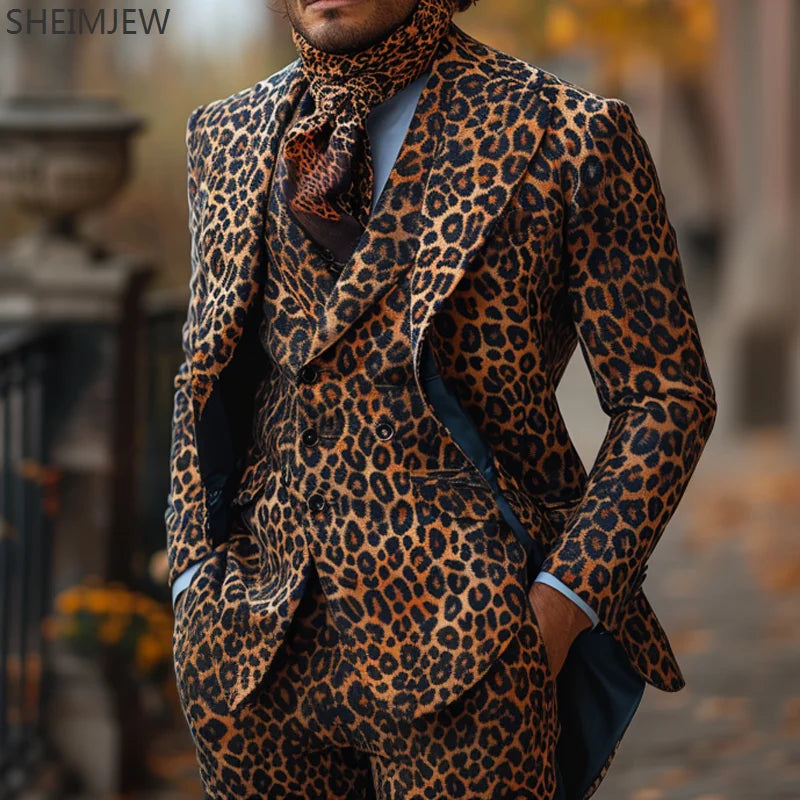 Casual Long Sleeve Animal Jacket & Pant Two-piece Men's Classic Leopard Color Print Suit Carnival Ball Suits Party Customized
