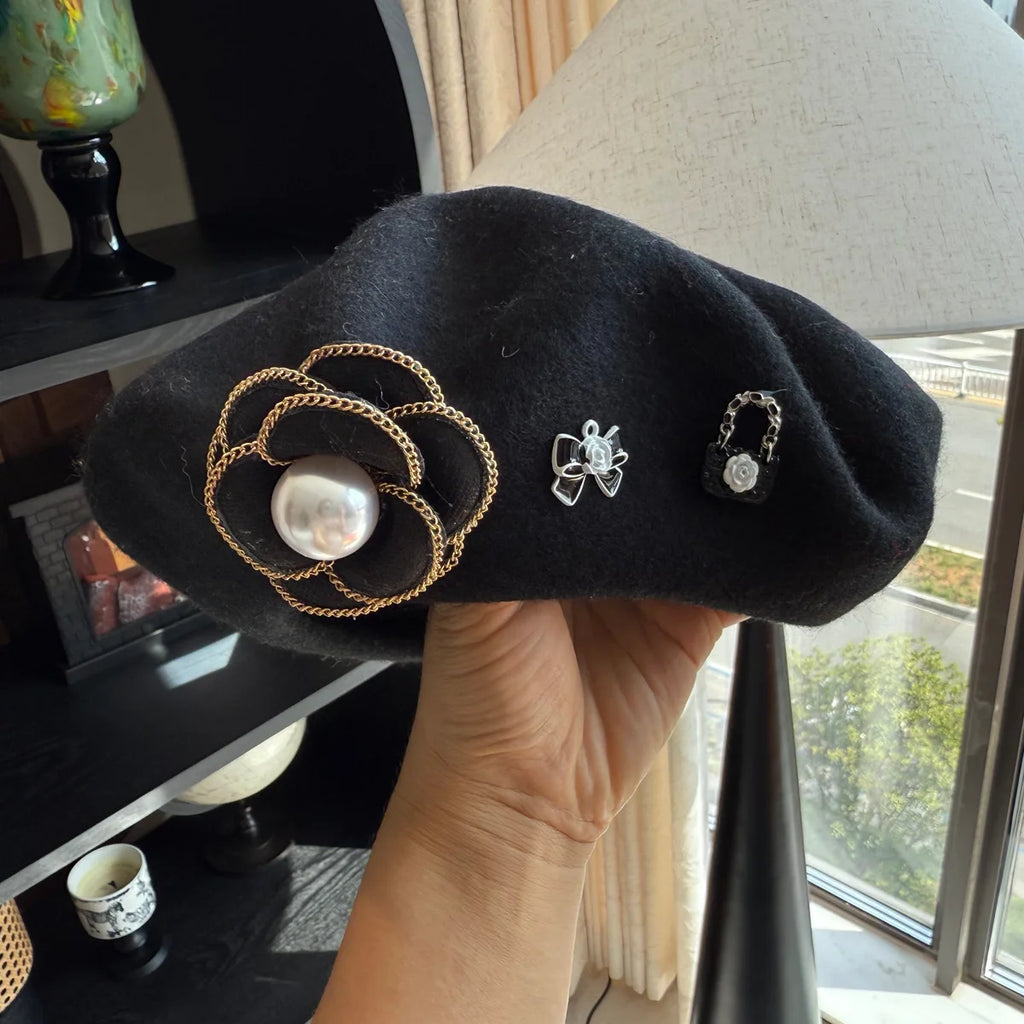 Women's Wool Beret with Camellia & Pearl | French Vintage Elegant Style | Party Painter Hat