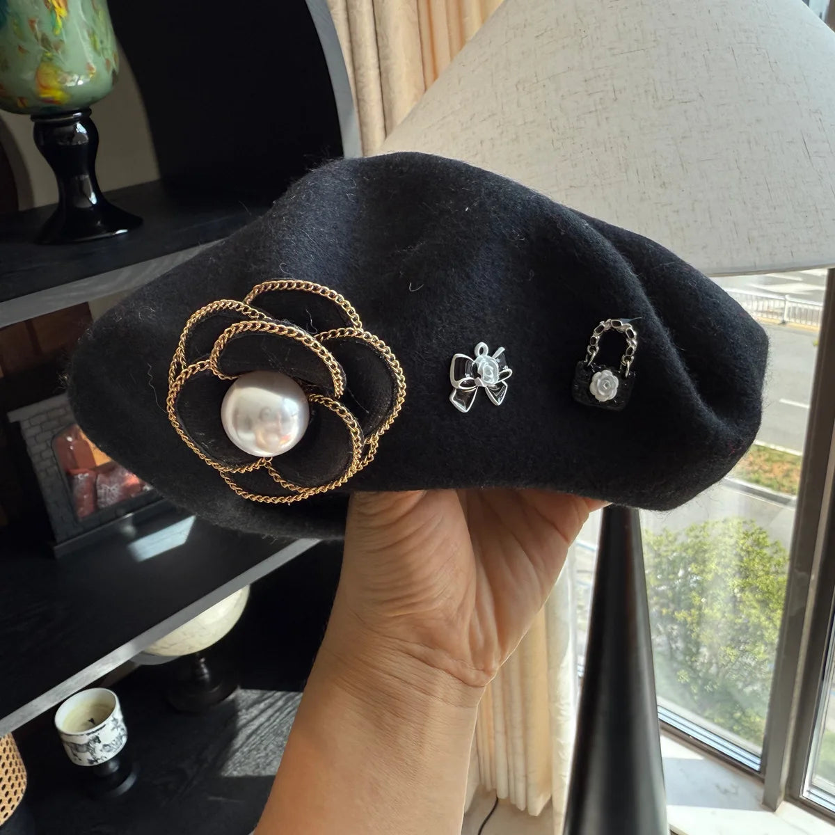 Women's Wool Beret with Camellia & Pearl | French Vintage Elegant Style | Party Painter Hat
