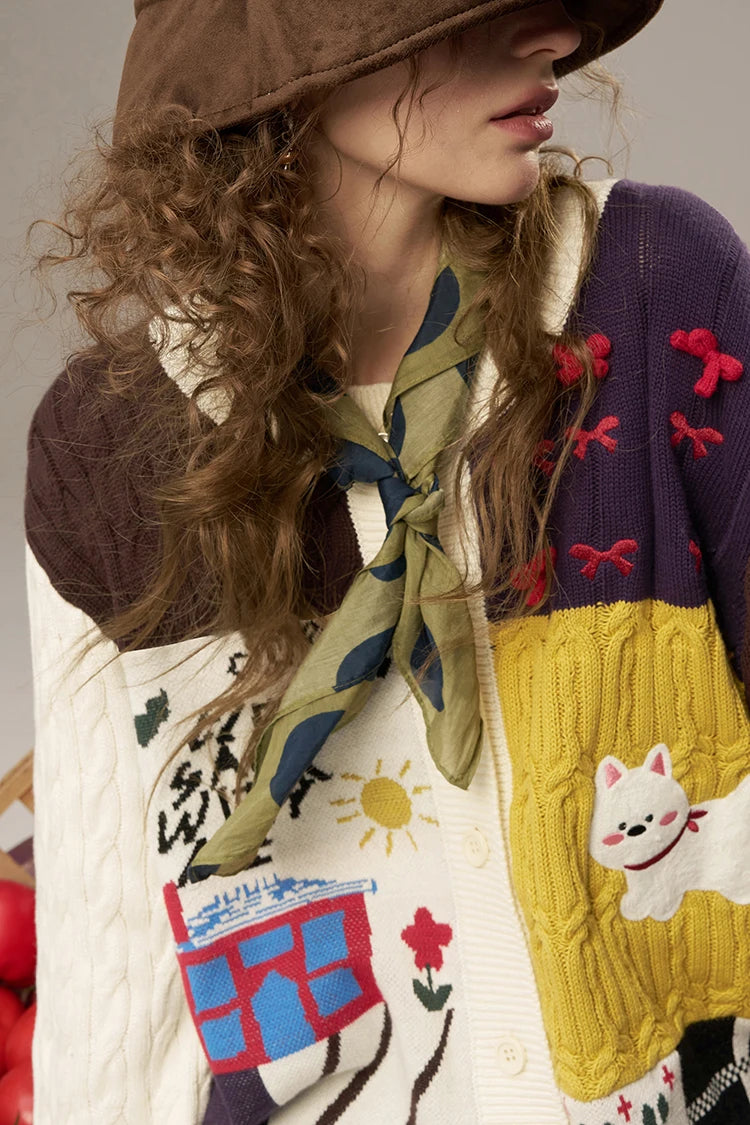 ELFSACK 2025 Autumn New Arrivals Casual Cute Color Block Puppy Cartoon Embroidery Cardigan Sweater For Woman