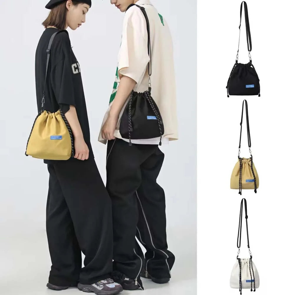 INS Nylon Drawstring Bucket Bag Casual Adjustable Korean Style Shoulder Bag Portable Black/White/Yellow Men Crossbody Bag Travel