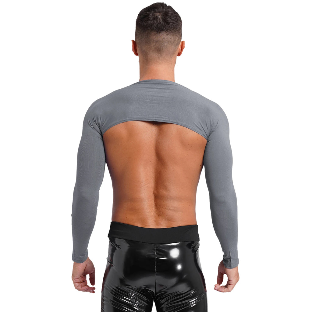Men Open Front Half Crop Top Solid Long Sleeve Cardigan Bolero Shrug Tops Muscle Arm Sleeves Workout Sports Gym Tops Clubwear