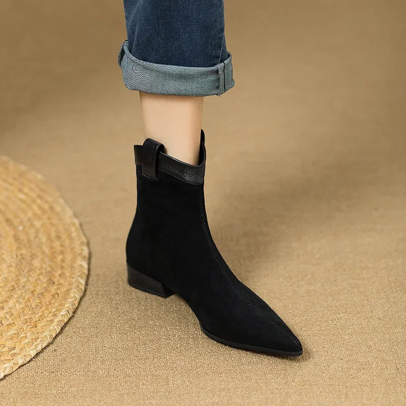 Women's Vintage Chunky Heel Ankle Boots Autumn Winter New Pointy Square Head Suede Back Zipper Soft Sole Non-slip Short Boots