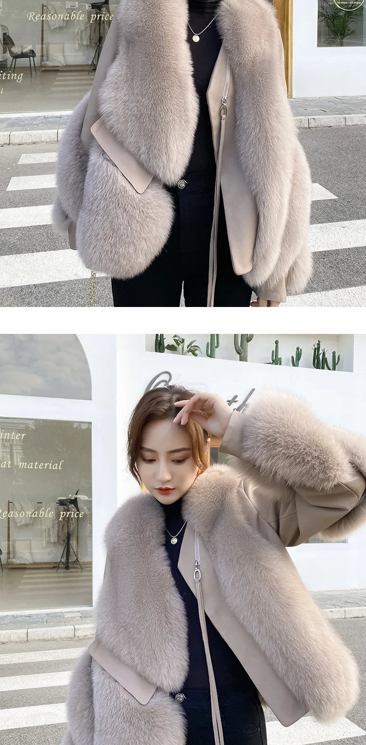 OFTBUY 2022 Real Fur Coat Winter Jacket Women Natural Fox Fur Genuine Leather Outerwear  Streetwear Locomotive Thick Warm New