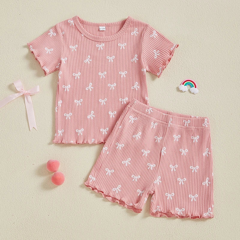 2024-12-09 Lioraitiin Toddler Baby Girl Bow Ribbed Outfit Lettuce Trim Short Sleeve Tops Elastic Waist Shorts Summer Set