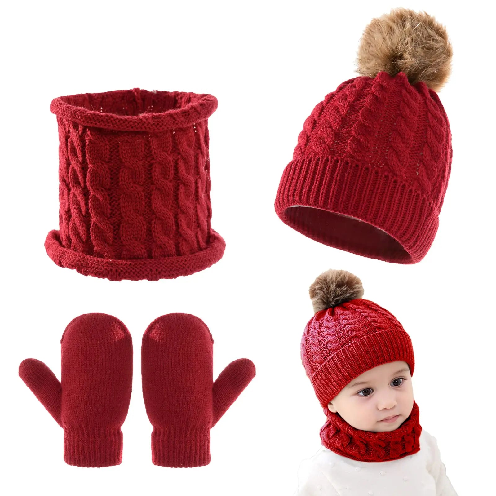 3Pcs/Set Cute Hat Scarf Gloves Set Solid Color Caps Winter Warm Accessories for Kids 0-3 Years Boys Girls