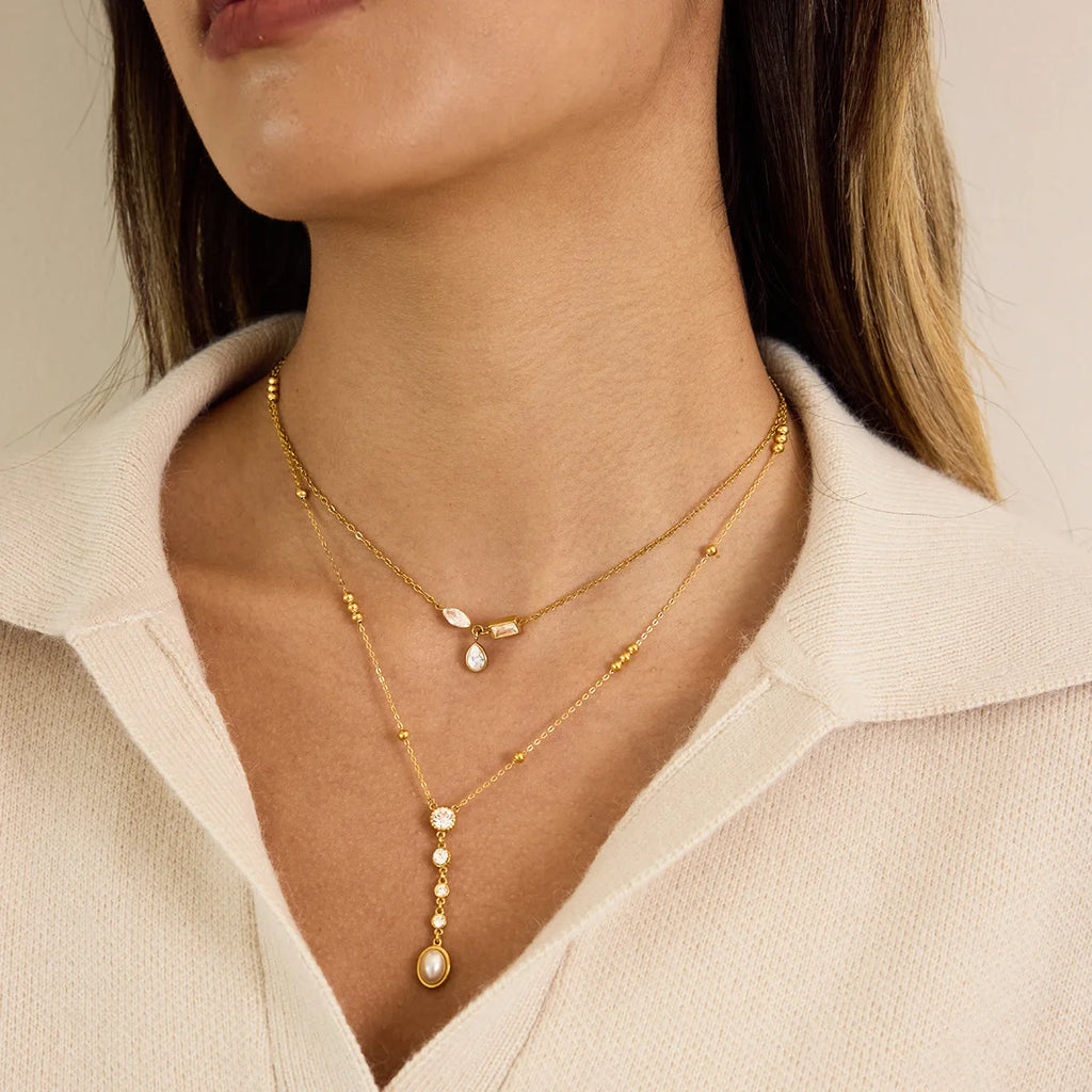 Ars 18k Gold Plated Stainless Steel Y Necklaces Pearl Tassel Necklaces Women's Multi Zircon Lariat Necklace Jewelry Gift for Her