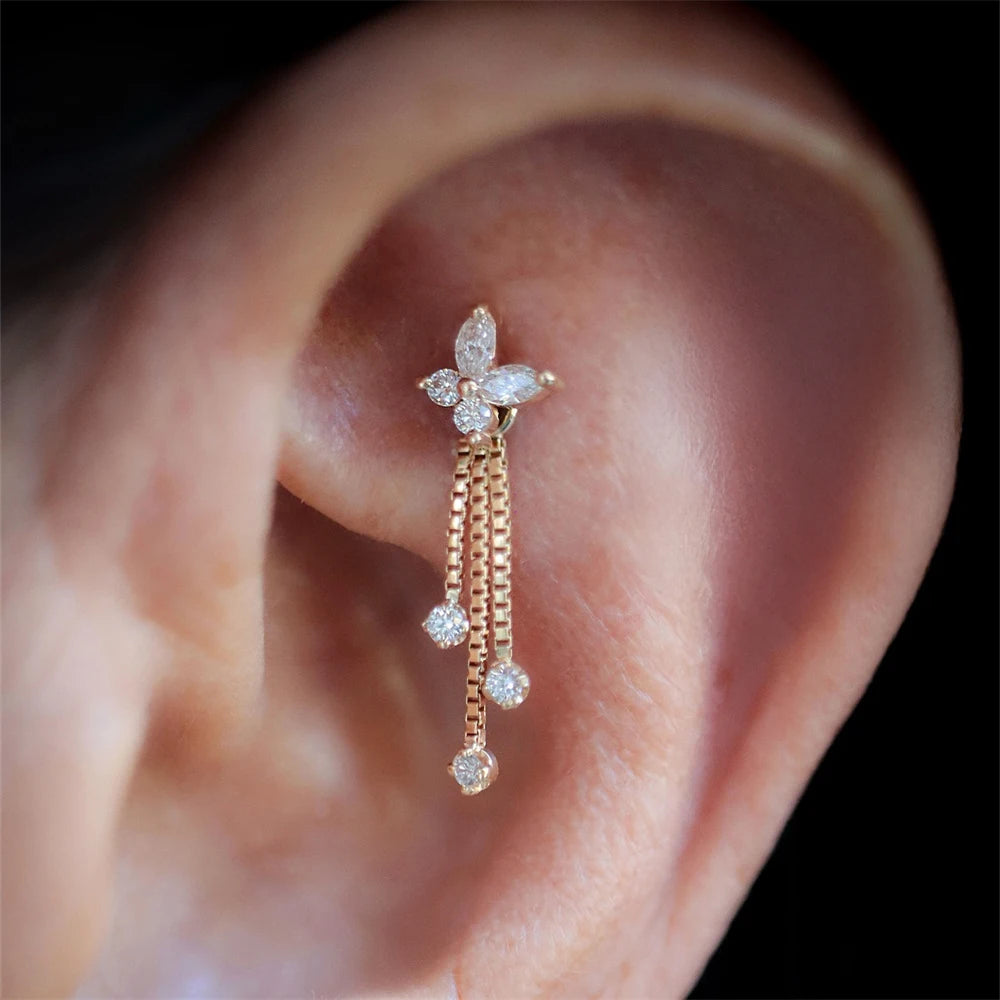 CANNER 1PC Tassel Chain Star Moon 925 Sterling Silver Flat Head Piercing Earring For Woman Ins 14K Gold Plated Dainty Jewelry